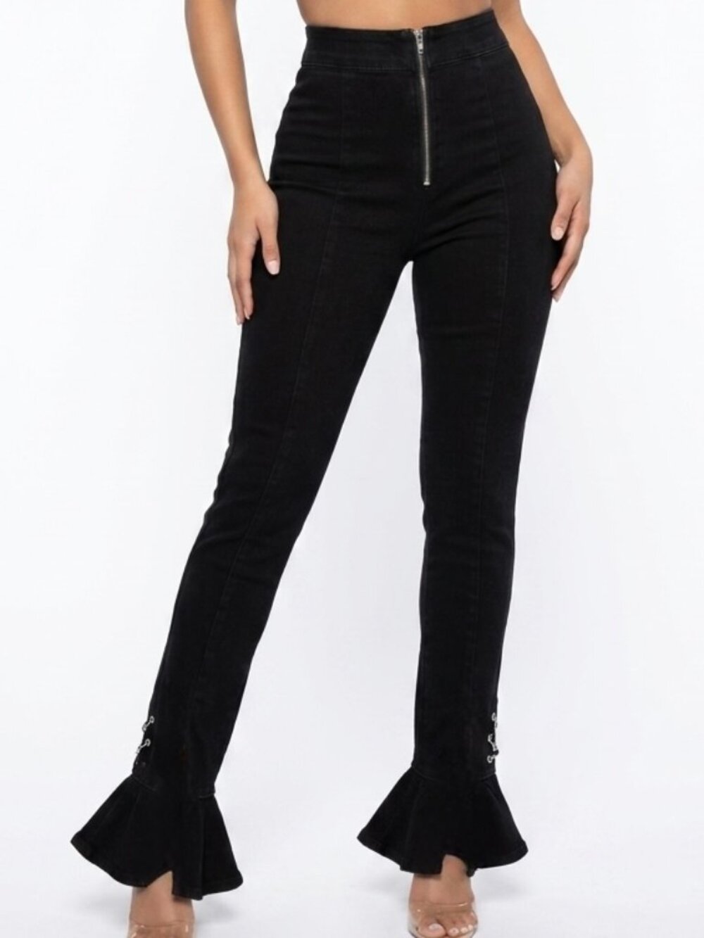 Edgy Ruffle Hem Zara Woman Black Denim Skinny‎ Jeans Size 2 XS
